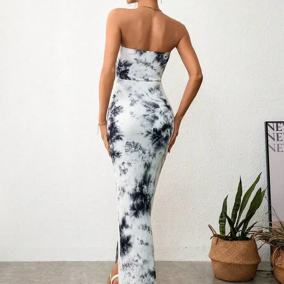 White Preppy Womens Tie Dye Split Thigh Tube Dress - Picture 2 of 5